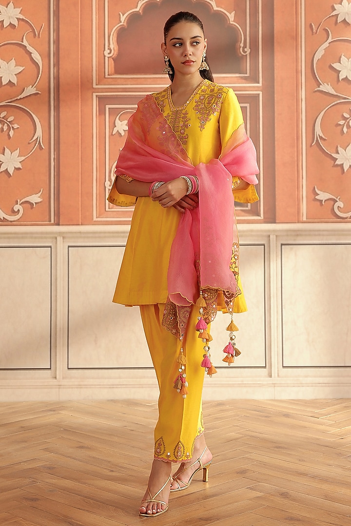 Yellow Silk Chanderi Dori & Mirror Work A-Line Kurta Set by DOHR INDIA at Pernia's Pop Up Shop