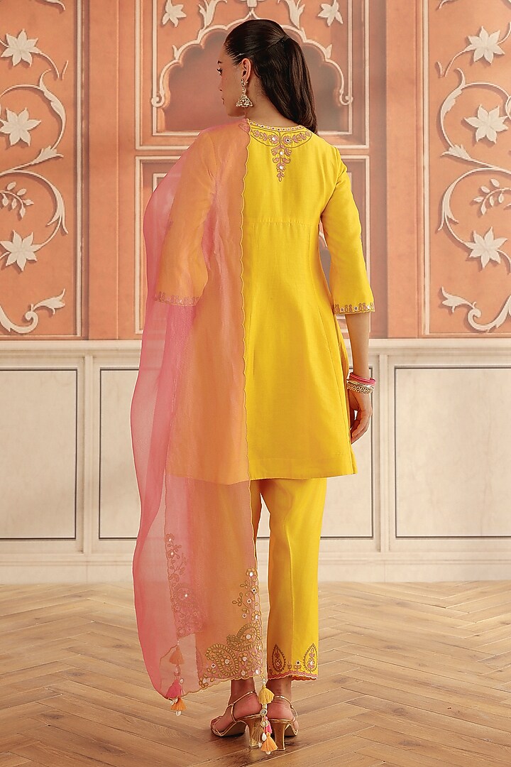 Yellow Silk Chanderi Dori & Mirror Work A-Line Kurta Set by DOHR INDIA at Pernia's Pop Up Shop