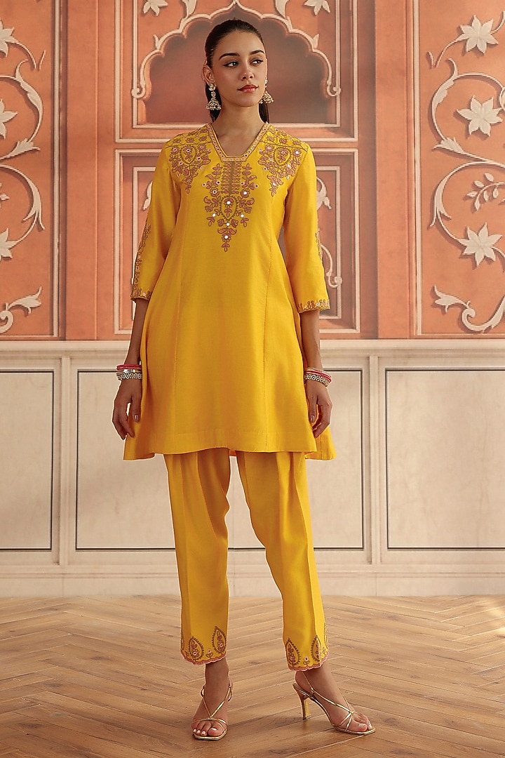 Yellow Silk Chanderi Dori & Mirror Work A-Line Kurta Set by DOHR INDIA at Pernia's Pop Up Shop