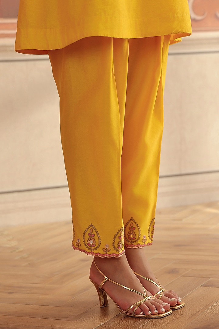 Yellow Silk Chanderi Dori & Mirror Work A-Line Kurta Set by DOHR INDIA at Pernia's Pop Up Shop