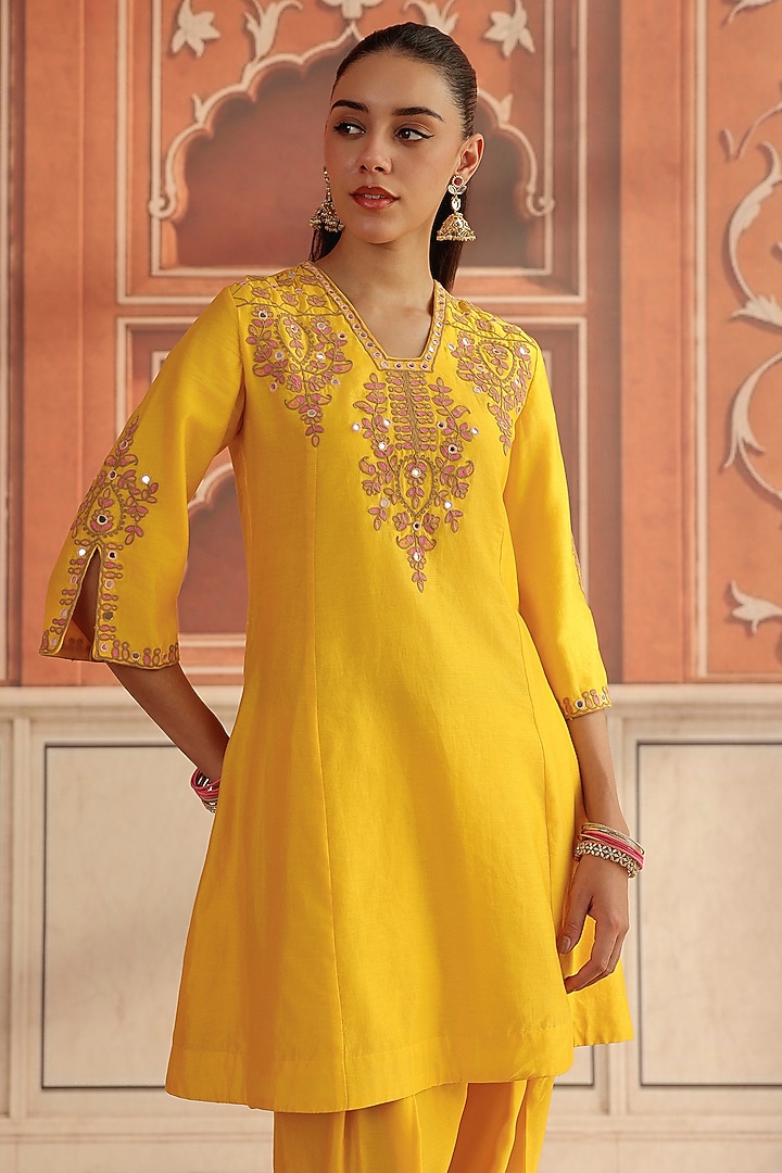 Yellow Silk Chanderi Dori & Mirror Work A-Line Kurta Set by DOHR INDIA at Pernia's Pop Up Shop