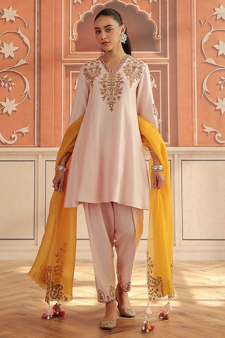 Baby Pink Silk Chanderi Dori & Mirror Work A-Line Kurta Set by DOHR INDIA at Pernia's Pop Up Shop