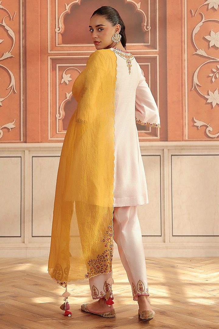 Baby Pink Silk Chanderi Dori & Mirror Work A-Line Kurta Set by DOHR INDIA at Pernia's Pop Up Shop