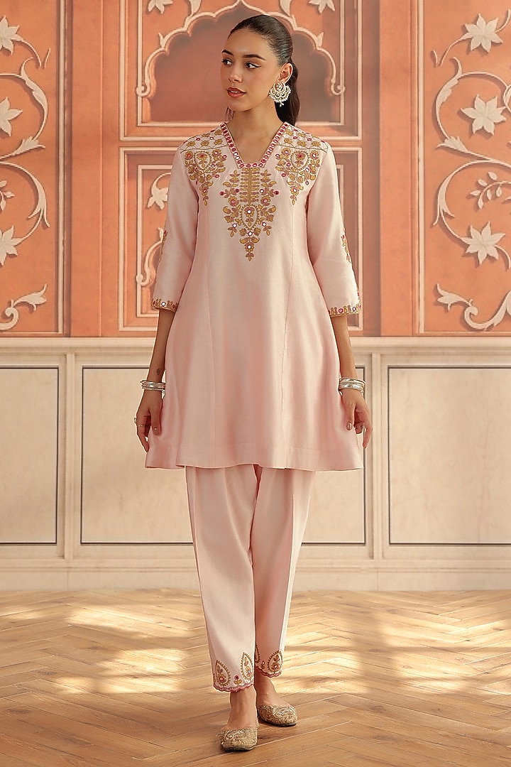 Baby Pink Silk Chanderi Dori & Mirror Work A-Line Kurta Set by DOHR INDIA at Pernia's Pop Up Shop
