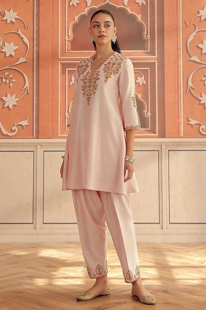Baby Pink Silk Chanderi Dori & Mirror Work A-Line Kurta Set by DOHR INDIA at Pernia's Pop Up Shop