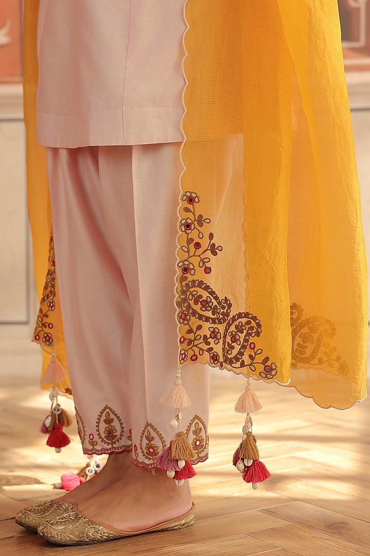 Baby Pink Silk Chanderi Dori & Mirror Work A-Line Kurta Set by DOHR INDIA at Pernia's Pop Up Shop