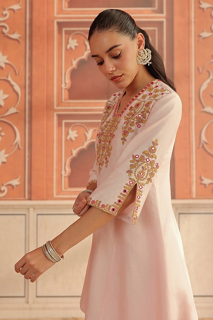 Baby Pink Silk Chanderi Dori & Mirror Work A-Line Kurta Set by DOHR INDIA at Pernia's Pop Up Shop