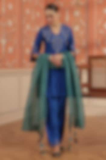 Royal Blue Silk Chanderi Dori & Mirror Work A-Line Kurta Set by DOHR INDIA at Pernia's Pop Up Shop