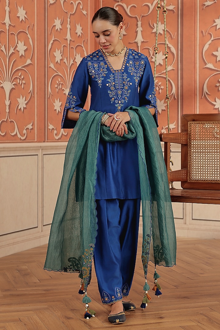 Royal Blue Silk Chanderi Dori & Mirror Work A-Line Kurta Set by DOHR INDIA at Pernia's Pop Up Shop