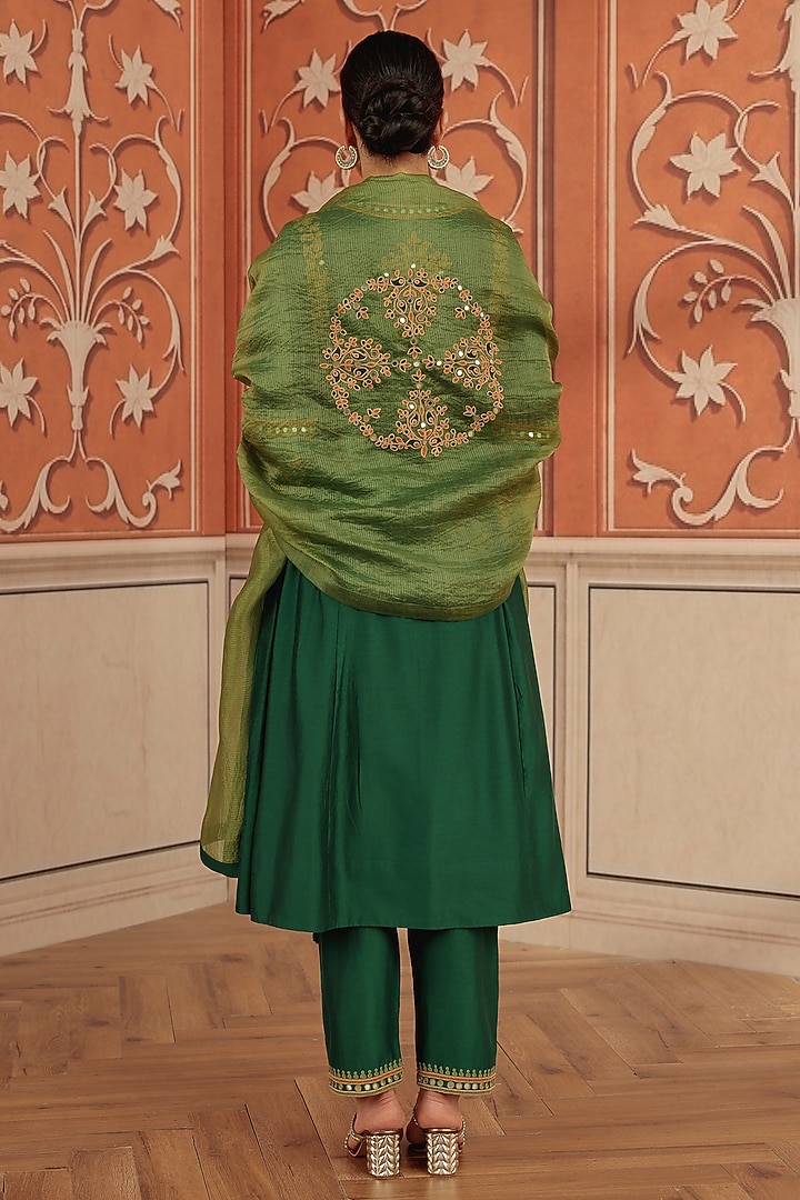 Emerald Green Silk Chanderi Dori & Mirror Work Kurta Set by DOHR INDIA at Pernia's Pop Up Shop