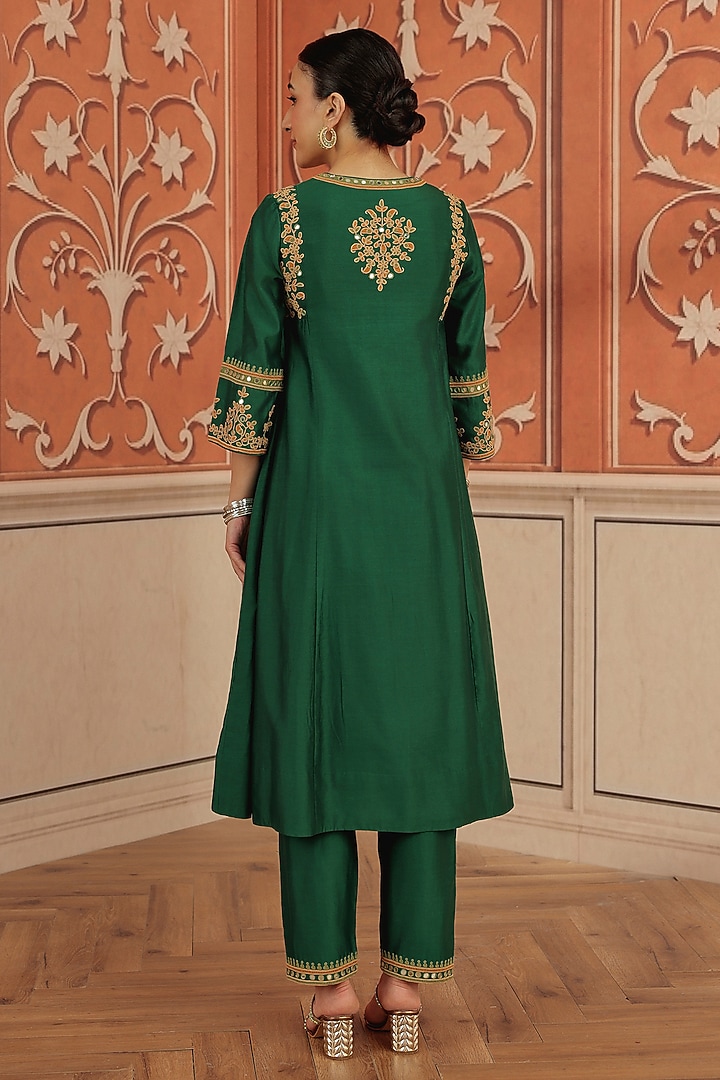 Emerald Green Silk Chanderi Dori & Mirror Work Kurta Set by DOHR INDIA at Pernia's Pop Up Shop