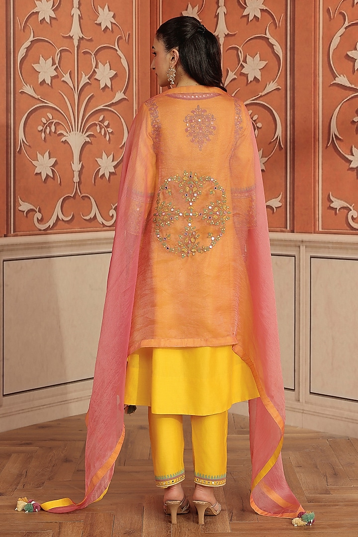 Yellow Silk Chanderi Dori & Mirror Work Kurta Set by DOHR INDIA at Pernia's Pop Up Shop
