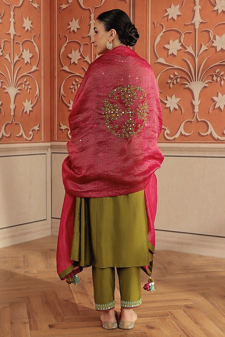 Olive Green Silk Chanderi Dori & Mirror Work Kurta Set by DOHR INDIA at Pernia's Pop Up Shop