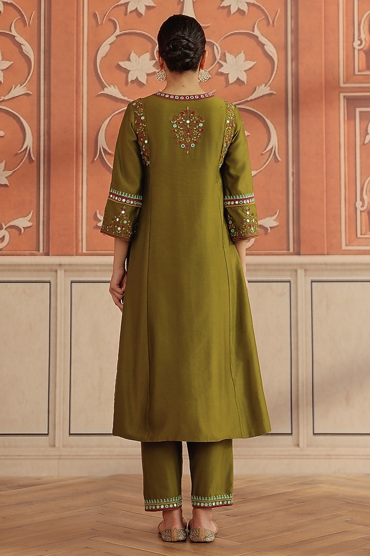 Olive Green Silk Chanderi Dori & Mirror Work Kurta Set by DOHR INDIA at Pernia's Pop Up Shop