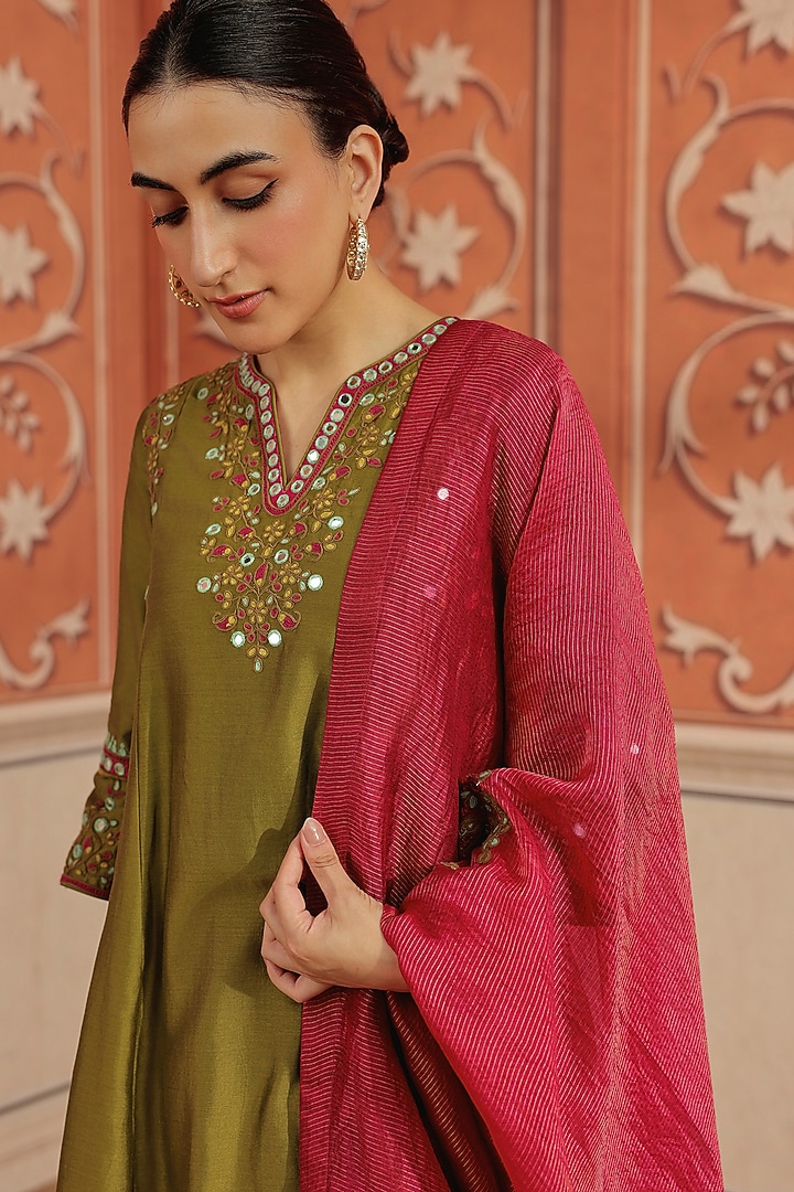 Olive Green Silk Chanderi Dori & Mirror Work Kurta Set by DOHR INDIA at Pernia's Pop Up Shop