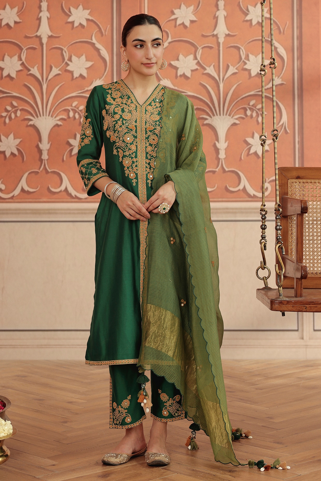 DOHR INDIA Emerald Green Silk Chanderi Dori & Mirror Work Kurta Set