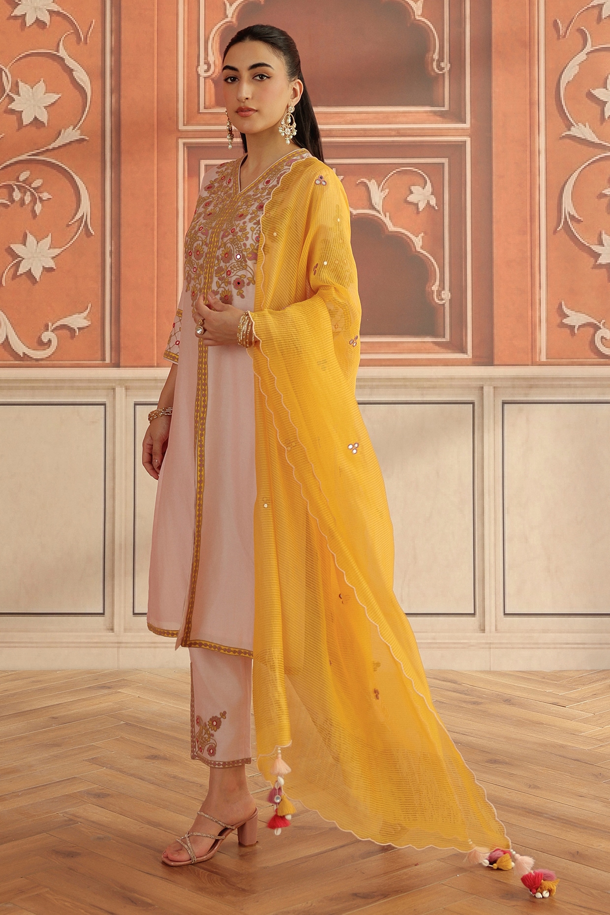 DOHR INDIA Baby Pink Silk Chanderi Dori & Mirror Work Kurta Set
