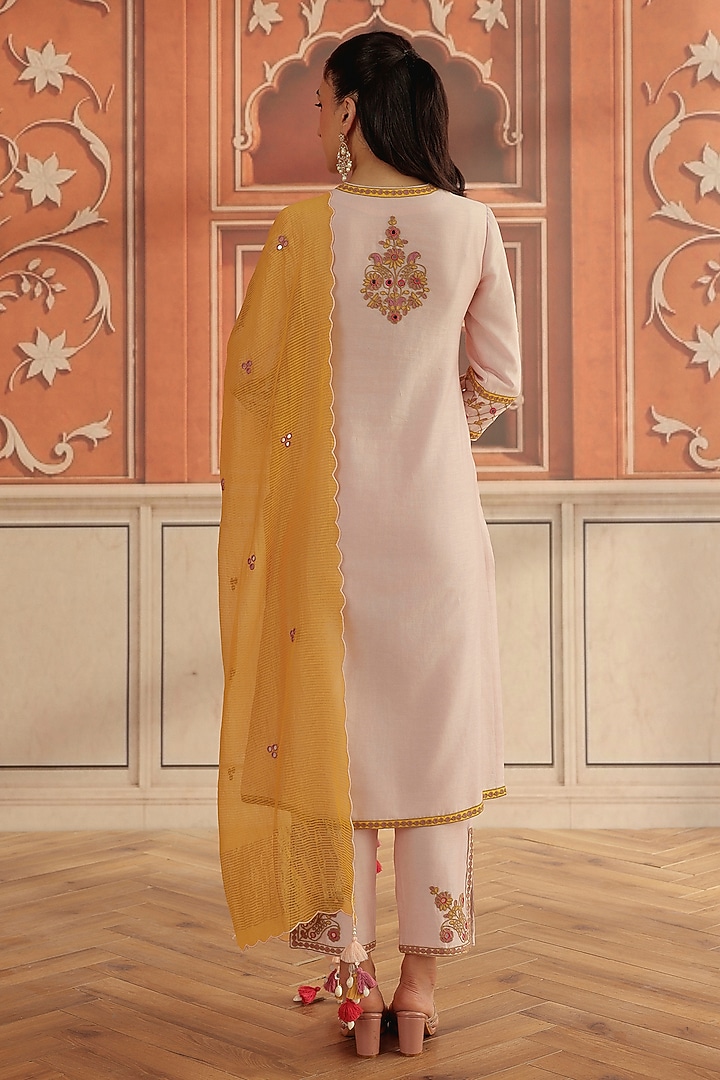 Baby Pink Silk Chanderi Dori & Mirror Work Kurta Set by DOHR INDIA at Pernia's Pop Up Shop