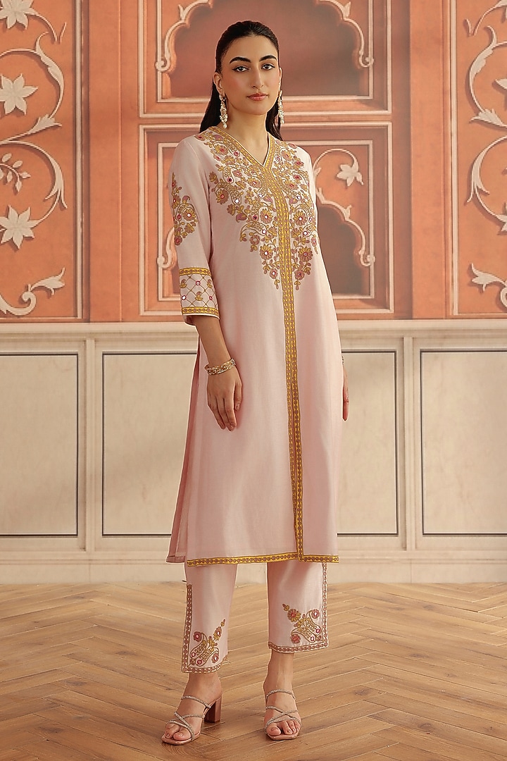 Baby Pink Silk Chanderi Dori & Mirror Work Kurta Set by DOHR INDIA at Pernia's Pop Up Shop