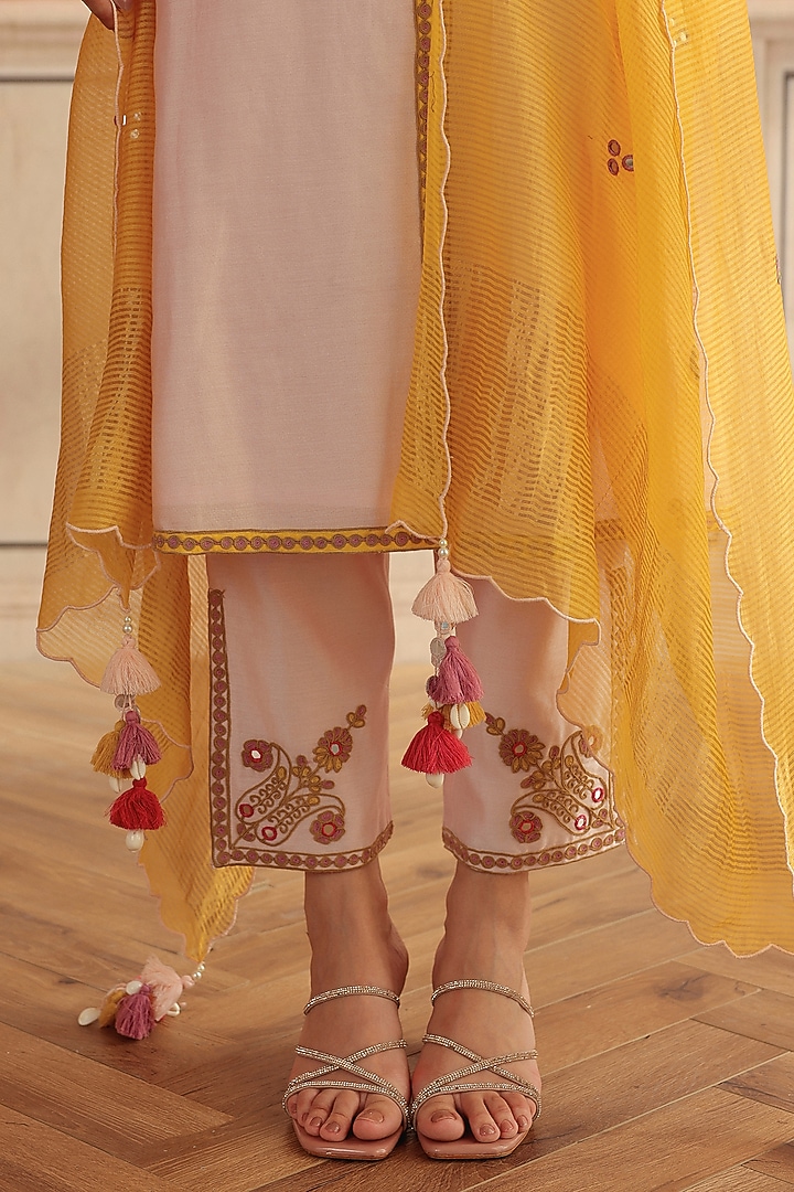Baby Pink Silk Chanderi Dori & Mirror Work Kurta Set by DOHR INDIA at Pernia's Pop Up Shop