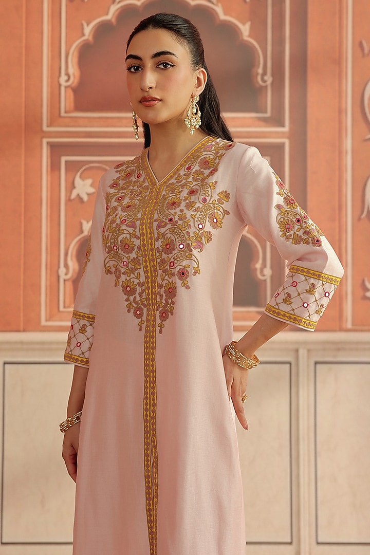Baby Pink Silk Chanderi Dori & Mirror Work Kurta Set by DOHR INDIA at Pernia's Pop Up Shop