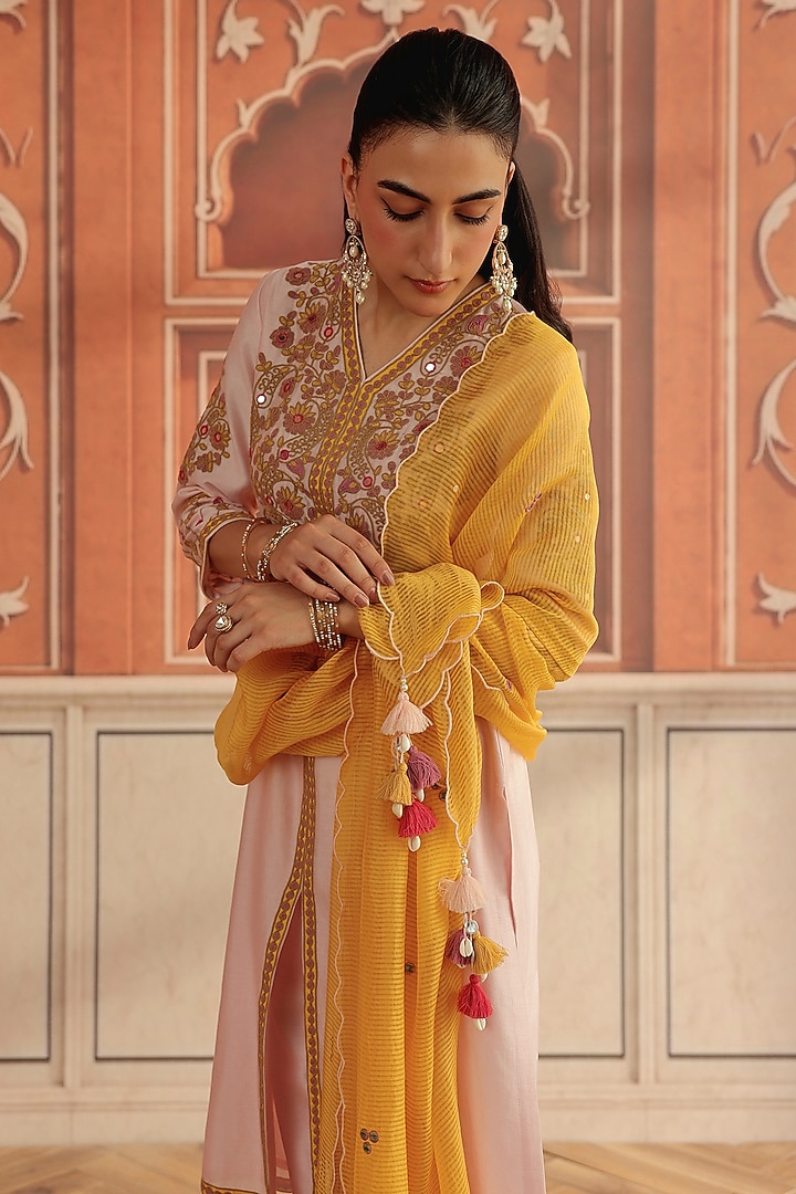Baby Pink Silk Chanderi Dori & Mirror Work Kurta Set by DOHR INDIA at Pernia's Pop Up Shop