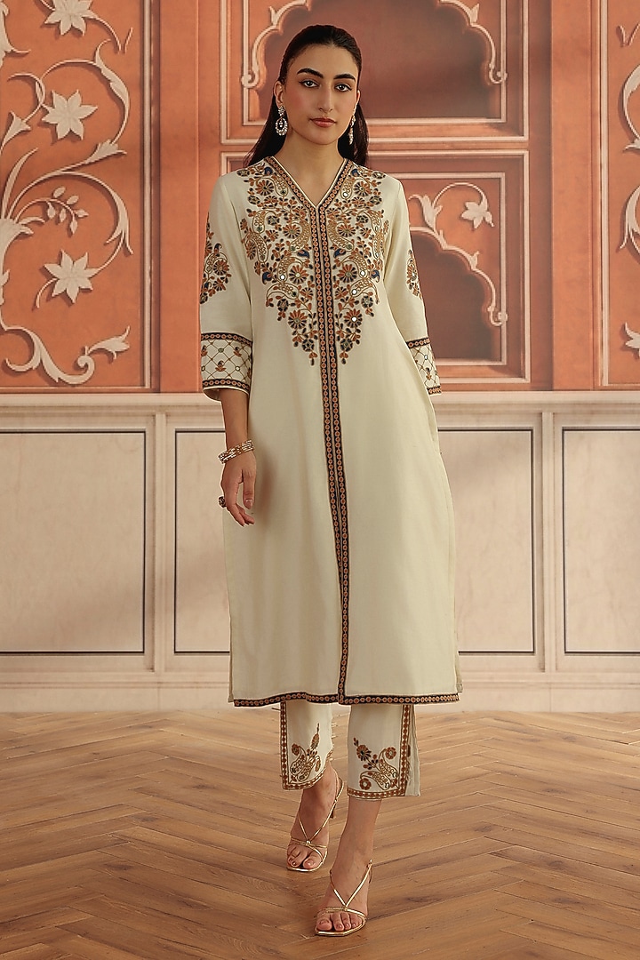 Ivory Silk Chanderi Dori & Mirror Work Kurta Set by DOHR INDIA at Pernia's Pop Up Shop