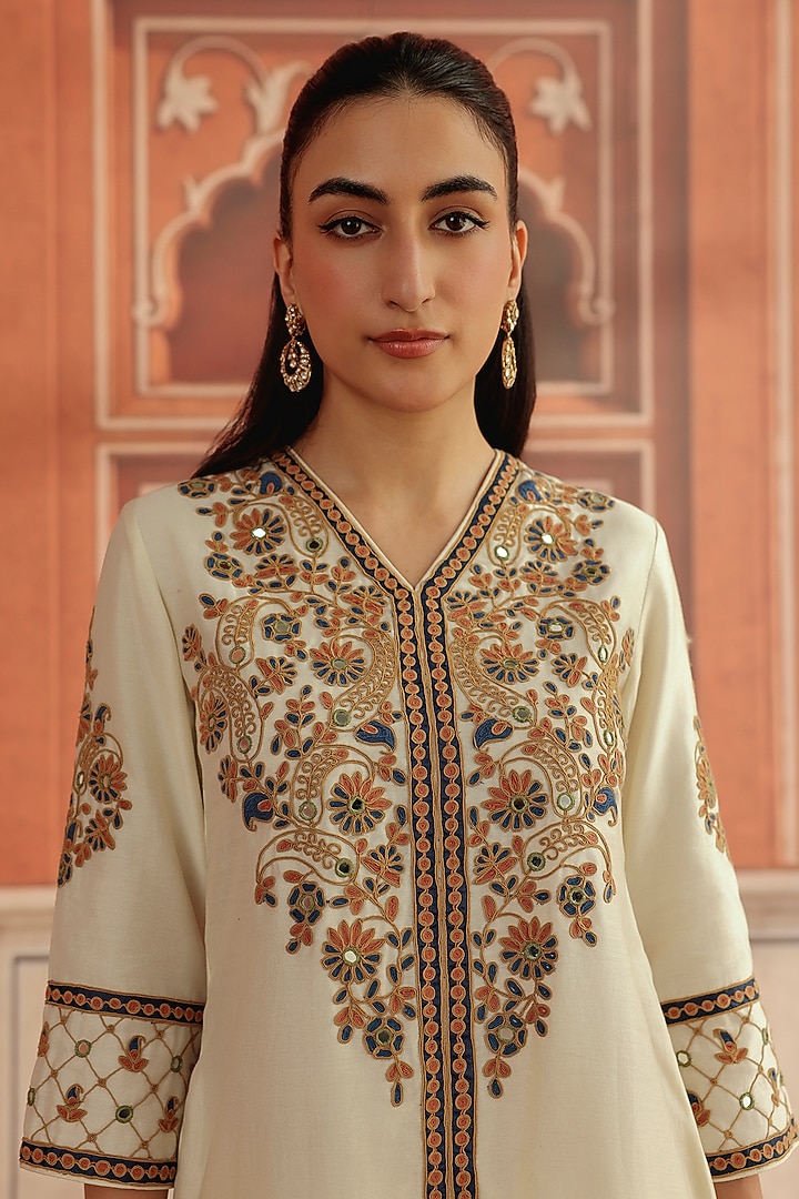 Ivory Silk Chanderi Dori & Mirror Work Kurta Set by DOHR INDIA at Pernia's Pop Up Shop