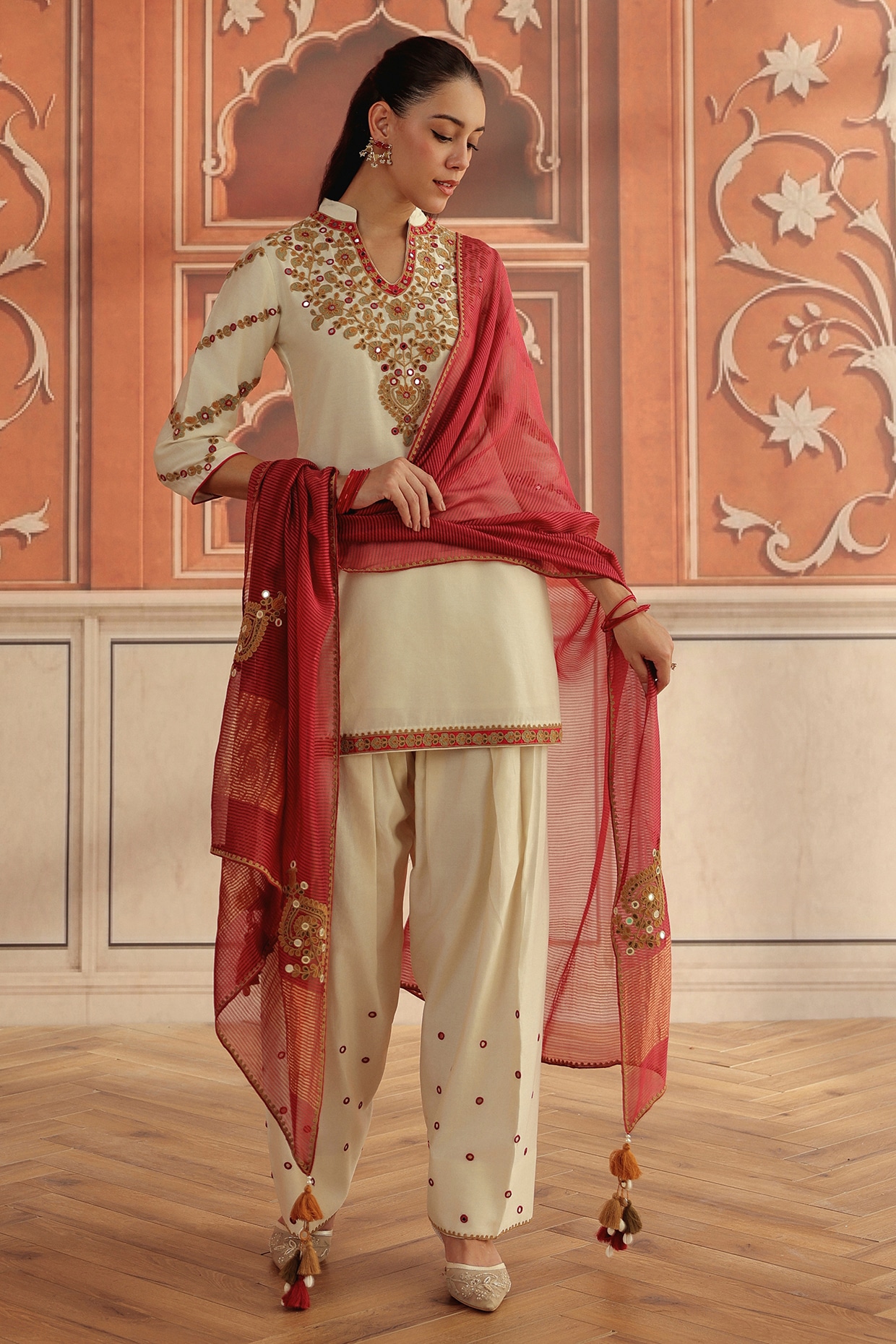 DOHR INDIA Ivory Silk Chanderi Dori & Mirror Work Short Kurta Set