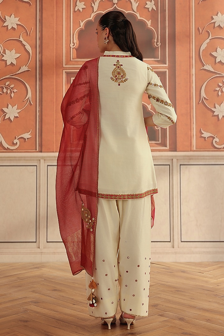 Ivory Silk Chanderi Dori & Mirror Work Short Kurta Set by DOHR INDIA at Pernia's Pop Up Shop