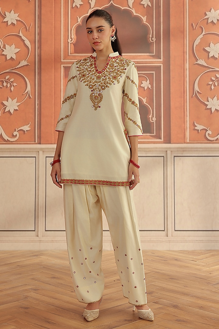Ivory Silk Chanderi Dori & Mirror Work Short Kurta Set by DOHR INDIA at Pernia's Pop Up Shop