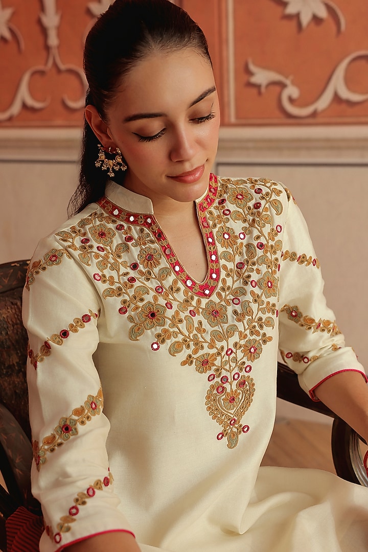Ivory Silk Chanderi Dori & Mirror Work Short Kurta Set by DOHR INDIA at Pernia's Pop Up Shop