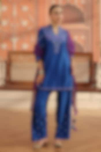 Royal Blue Silk Chanderi Dori & Mirror Work Short Kurta Set by DOHR INDIA at Pernia's Pop Up Shop
