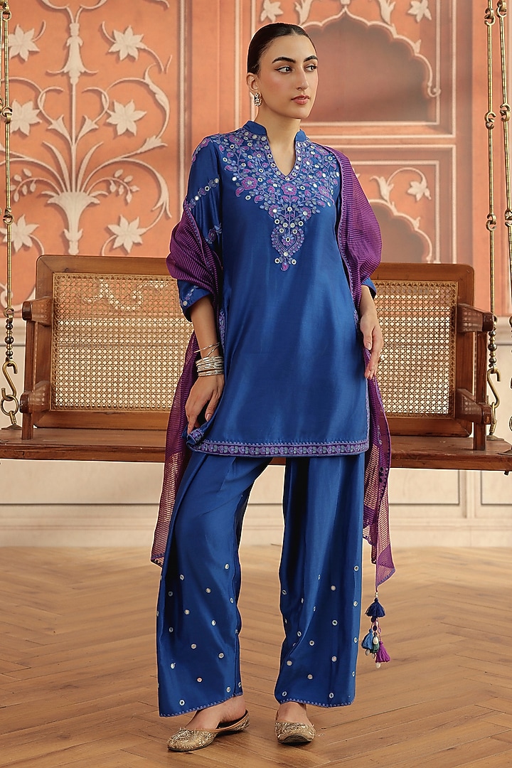 Royal Blue Silk Chanderi Dori & Mirror Work Short Kurta Set by DOHR INDIA at Pernia's Pop Up Shop
