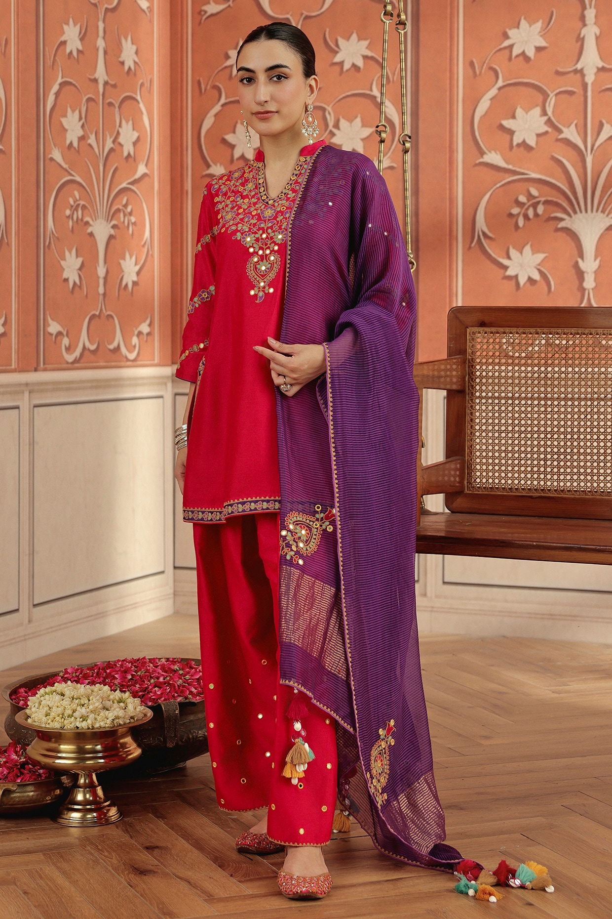 DOHR INDIA Ruby Pink Silk Chanderi Dori & Mirror Work Short Kurta Set