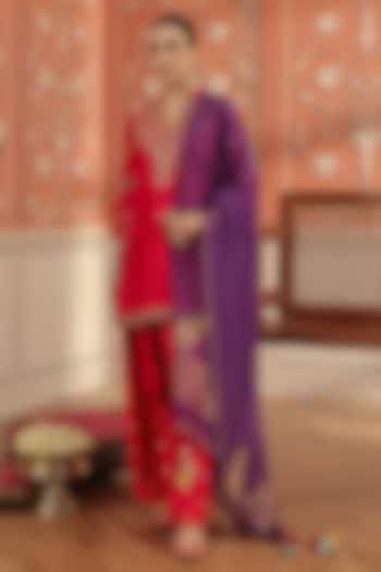 Ruby Pink Silk Chanderi Dori & Mirror Work Short Kurta Set by DOHR INDIA at Pernia's Pop Up Shop