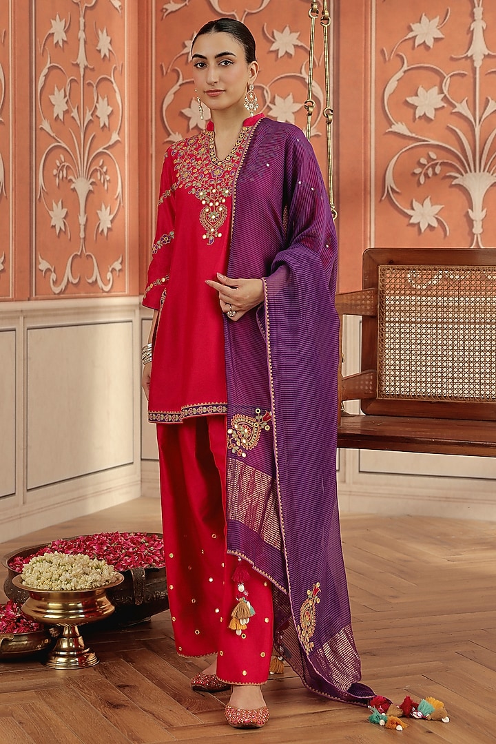 Ruby Pink Silk Chanderi Dori & Mirror Work Short Kurta Set by DOHR INDIA at Pernia's Pop Up Shop