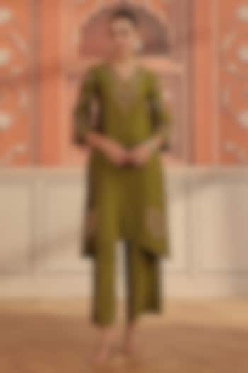 Olive Green Silk Chanderi Dori & Mirror Work Kurta Set by DOHR INDIA at Pernia's Pop Up Shop