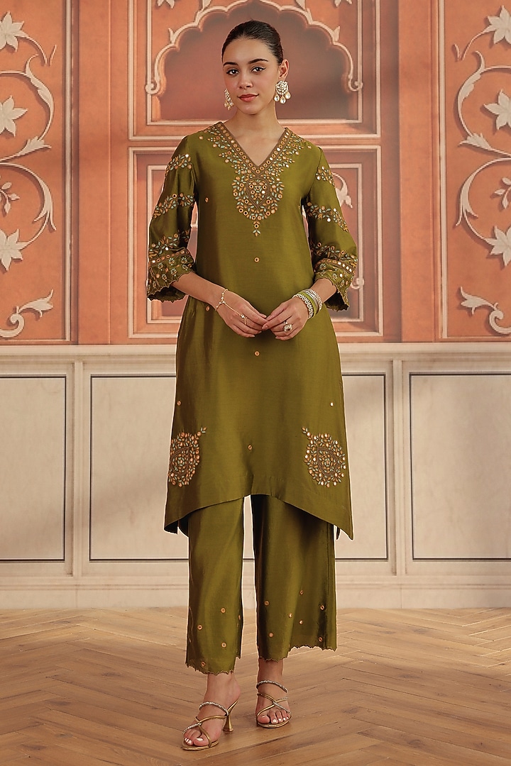 Olive Green Silk Chanderi Dori & Mirror Work Kurta Set by DOHR INDIA at Pernia's Pop Up Shop