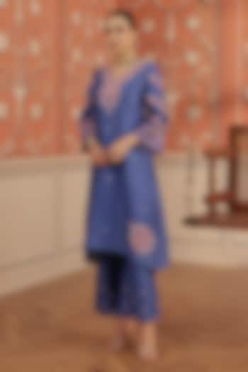Blue Silk Chanderi Dori & Mirror Work Kurta Set by DOHR INDIA at Pernia's Pop Up Shop