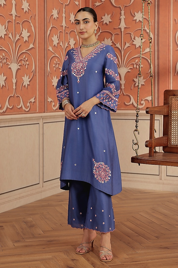 Blue Silk Chanderi Dori & Mirror Work Kurta Set by DOHR INDIA at Pernia's Pop Up Shop