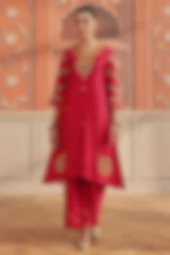 Ruby Pink Silk Chanderi Dori & Mirror Embroidered Kurta Set by DOHR INDIA at Pernia's Pop Up Shop