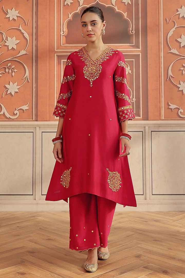 Ruby Pink Silk Chanderi Dori & Mirror Embroidered Kurta Set by DOHR INDIA at Pernia's Pop Up Shop