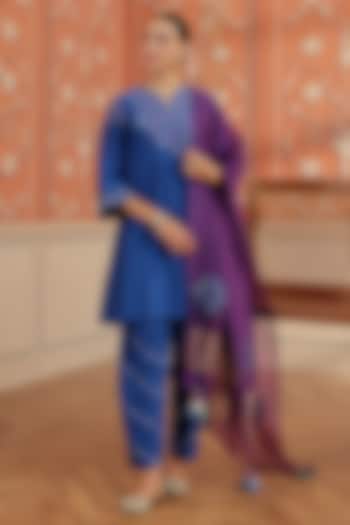 Royal Blue Silk Chanderi Mirror Hand Embroidered Choga Kurta Set by DOHR INDIA at Pernia's Pop Up Shop