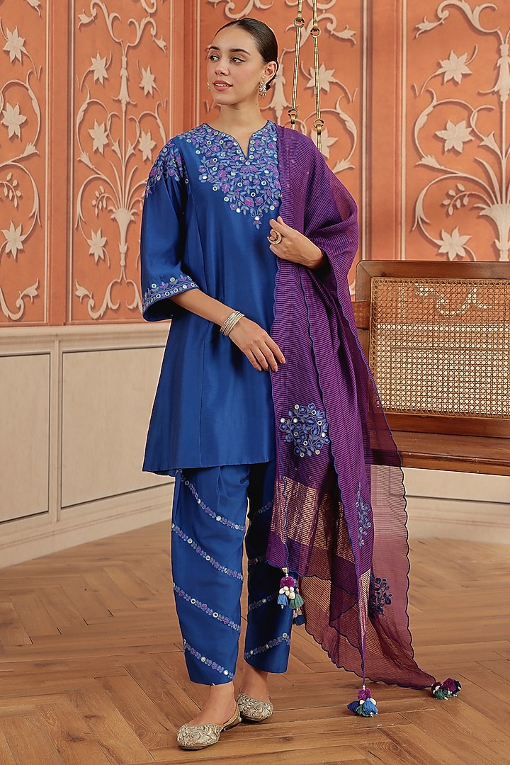 Royal Blue Silk Chanderi Mirror Hand Embroidered Choga Kurta Set by DOHR INDIA at Pernia's Pop Up Shop