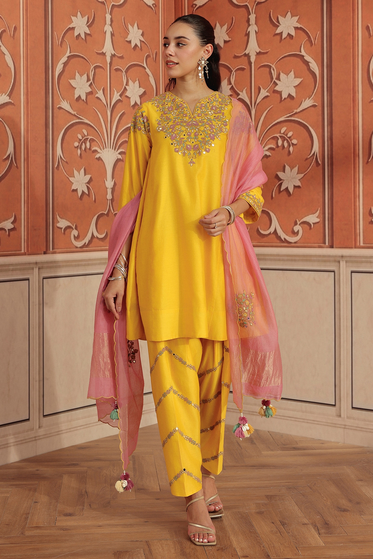 DOHR INDIA Yellow Silk Chanderi Mirror Hand Embroidered Choga Kurta Set