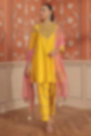 Yellow Silk Chanderi Mirror Hand Embroidered Choga Kurta Set by DOHR INDIA at Pernia's Pop Up Shop