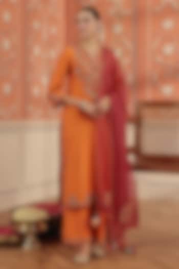 Orange Silk Chanderi Mirror Hand Embroidered Kurta Set by DOHR INDIA at Pernia's Pop Up Shop