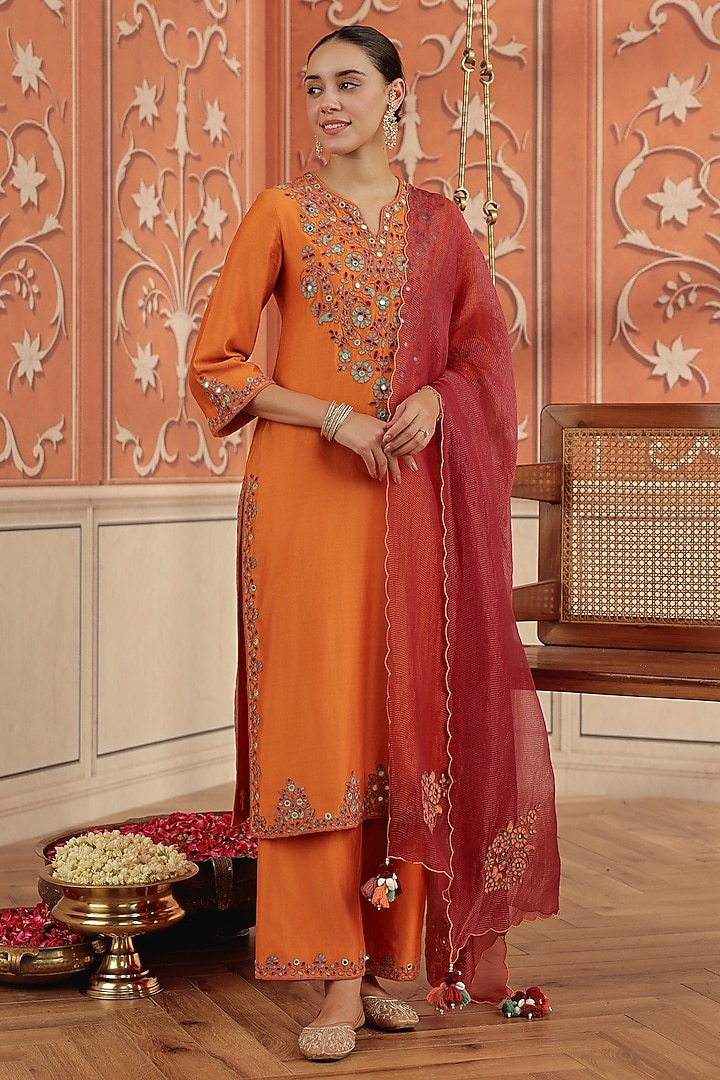Orange Silk Chanderi Mirror Hand Embroidered Kurta Set by DOHR INDIA at Pernia's Pop Up Shop