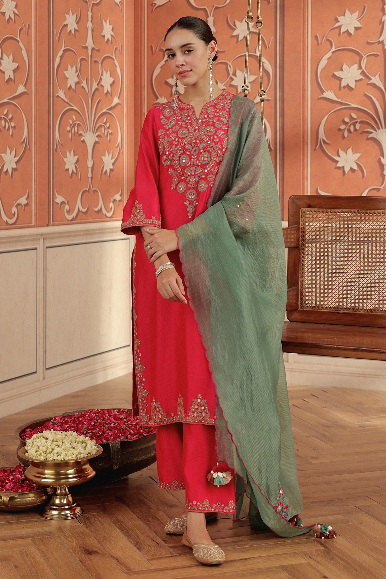 DOHR INDIA Ruby Pink Silk Chanderi Mirror Hand Embroidered Kurta Set